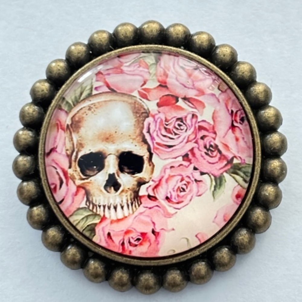Skull and Flowers Handmade Brooch, NWT